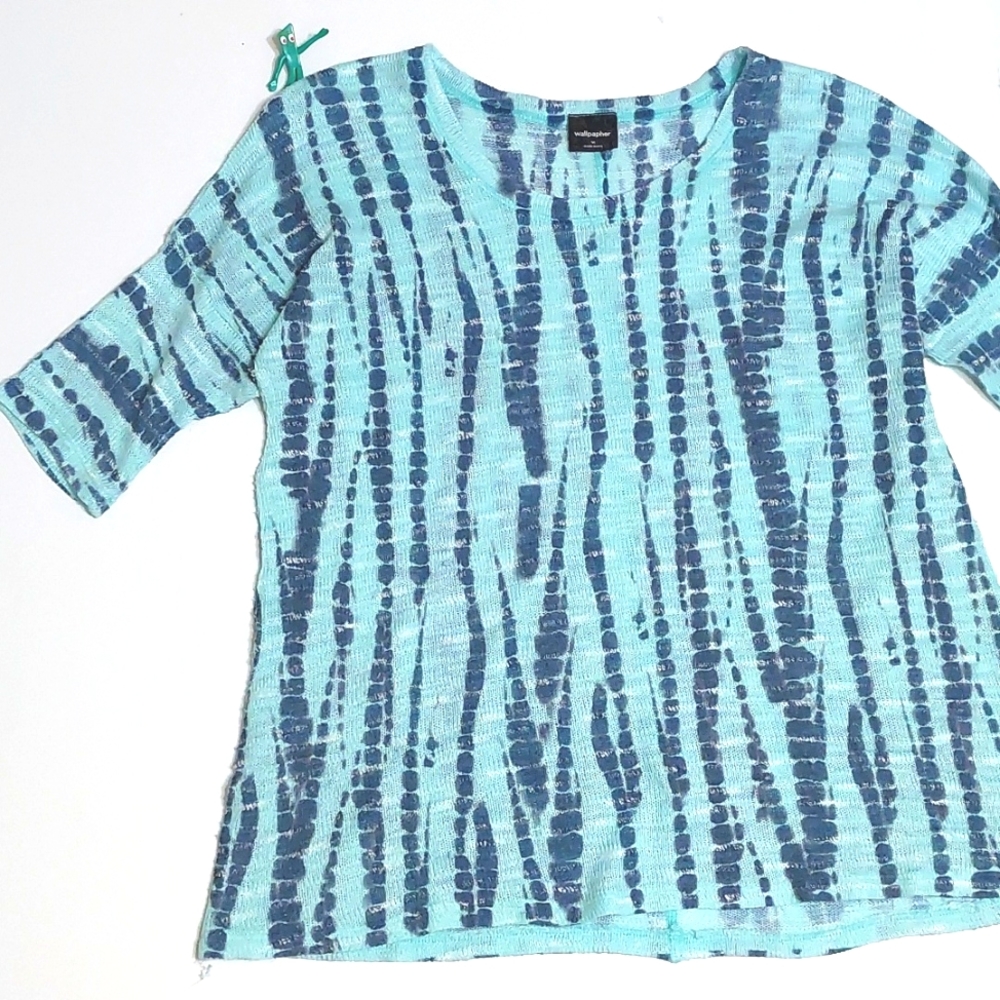 Wallpapher Lightweight Aqua Shibori Tie-Dyed Sweater, Size M - Picture 1 of 5